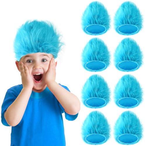 XunYee 8 Pieces Blue Fuzzy Wig Funky Clown Hair Wig Troll Blue Crazy Wig Character Cosplay Costume Accessories for Kids Teens 100th Day of School Spirit Day Party Reading