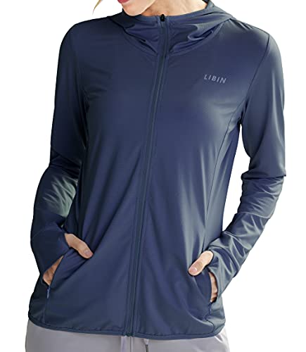 Libin Women's Full Zip UPF 50+ Sun Protection Hoodie Jacket Long Sleeve Sun Shirt Hiking Outdoor Performance with Pockets,Navy Blue M