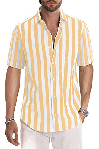 JMIERR Mens Summer Casual Stylish Short Sleeve Button-Up Shirts Cotton Linen Striped Business Dress Shirts Beach Shirt, XL, Yellow and White Stripe