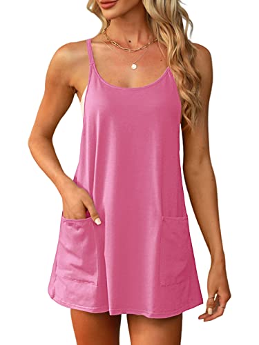 Womens Casual Athletic Summer Dresses Spaghetti Straps Scoop Neck Sleeveless Hot Shot Mini Dress with Oversized Pockets Dark Pink