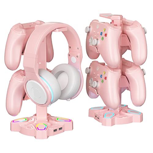 KDD RGB Headphone Stand with 9 Light Modes - Rotatable Pink Game Headset Holder with 3.5mm AUX & 2 USB Port - Suitable for PC Desk Accessories Gamers Gift(Pink)