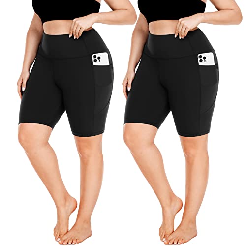 FULLSOFT Plus Size Biker Shorts for Women-High Waist X-Large-4X Tummy Control Womens Shorts with Pockets Leggings Shorts for Yoga Workout(2 Pack Black,XX-Large)