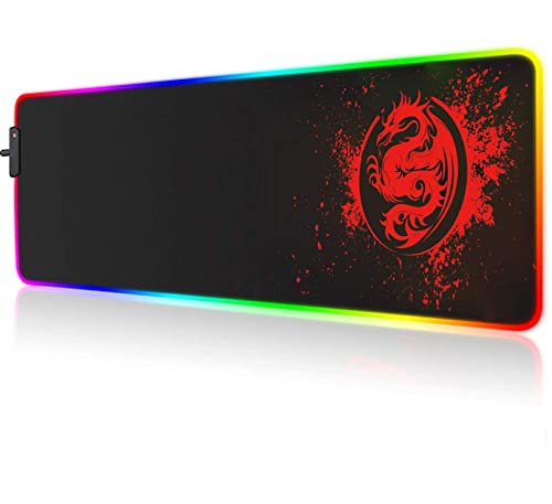 Large RGB Gaming Mouse Pad - 15 Light Modes Extended Computer Keyboard Mat, Anime Dragon Mouse Pad，High-Performance Mouse Pad Optimized for Gamer 31.5 X 12in (Red)