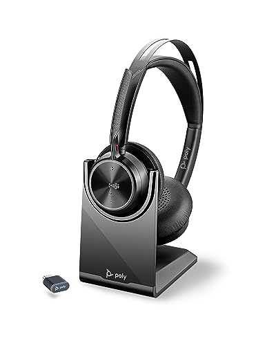 Poly Voyager Focus 2 UC Wireless Headset w/Microphone & Charge Stand (Plantronics) - Active Noise Canceling (ANC) - Connect PC/Mac/Mobile via Bluetooth -Works w/Teams (Certified),Zoom-Amazon Exclusive