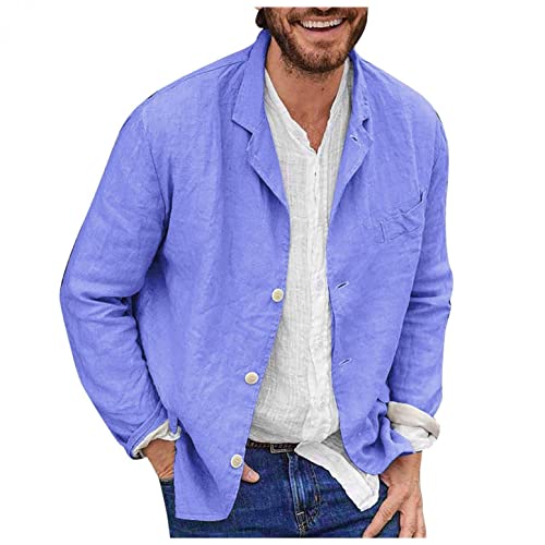 Men's Casual Suit Blazer Jackets Lightweight Linen Notched Collar Tailored Cardigan Tops Single-Breasted Sports Coats Blue, X-Large