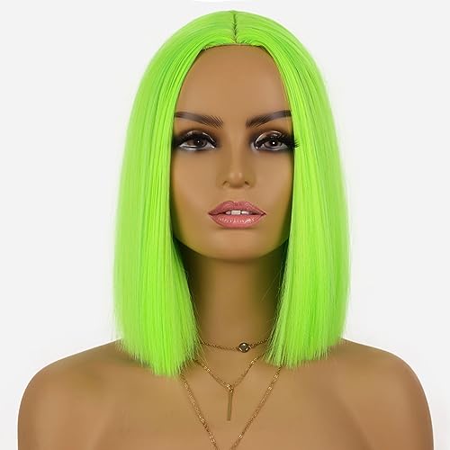 Tereshar Neon Green Wigs for Women Short Straight Bob Wig Colored Women's Costume Party Wigs Shoulder Length Middle Part Fluorescent Green Wig Colorful Wigs for Fun Costume Cosplay