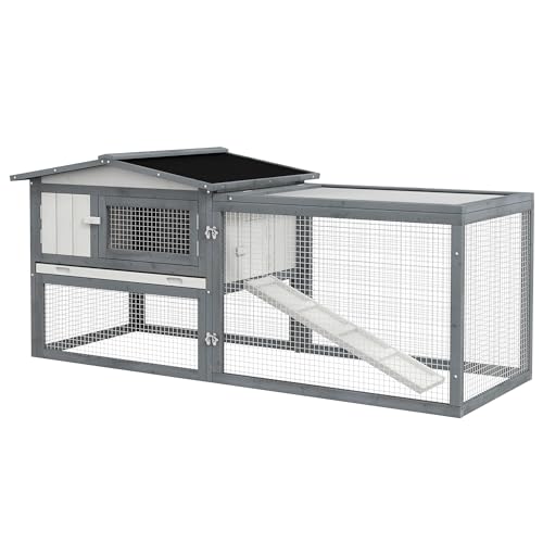 PawHut Rabbit Hutch 2-Story Bunny Cage Small Animal House with Slide Out Tray, Detachable Run, for Indoor Outdoor, 61.5' x 23' x 27', White