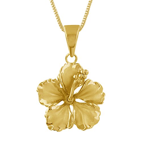 Sterling Silver with Yellow Gold Tone Overlay 17mm Hibiscus Pendant Necklace, 16+2' Extender