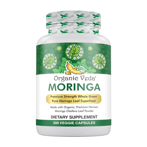 Organic Veda Moringa Leaf Capsules 1500mg, 300 Count - Pure Raw Moringa Oleifera Powder Whole Leaves Green Super Food Supplement - Boosts Metabolism, Energy, Health, Wellbeing & Antioxidants Rich