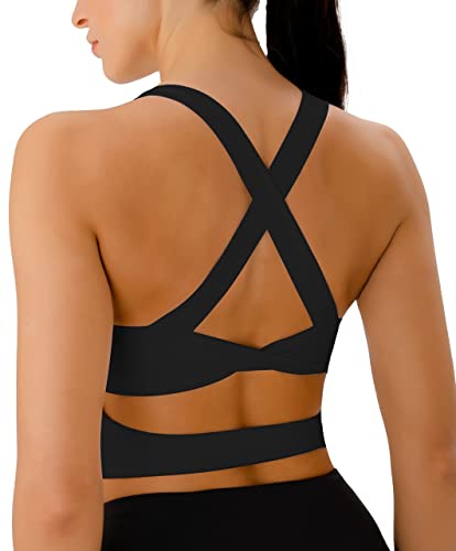JOYSPELS Sports Bras for Women Extra Comfort Criss-Cross Back Padded Workout Tops for Women Medium Support Black