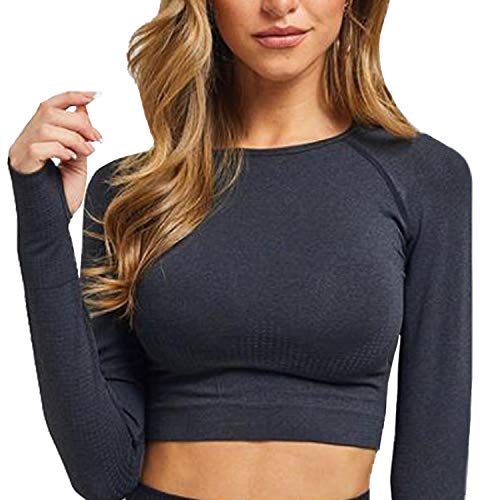 FITTOO Women's Long Sleeves Workout Crop Tops Seamless Sports Shirts Fitness Activewear Black L