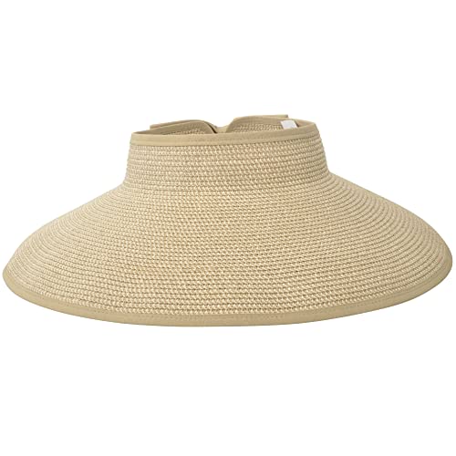 Simplicity Sun Hats Straw Wide Brim Roll-up Wome Sun Visor Beige Brown