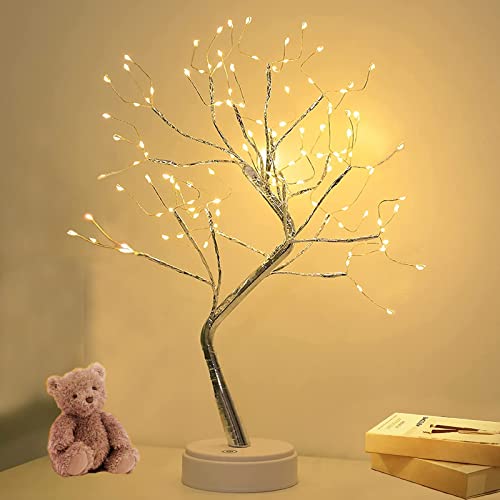 JIAMEIYI Bonsai Tree Light, 20 Inch 108 LEDs Firefly Copper Wire String Lights DIY Artificial Tree Lamp USB or Battery Powered Touch Switch W White