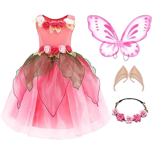 TYHTYM Green Tinkerbell Fairy Costumes Little Girls Rosetta Fancy Dress Up Kid Halloween Birthday With Butterfly Wings Headband (Pink, 4-5 T)