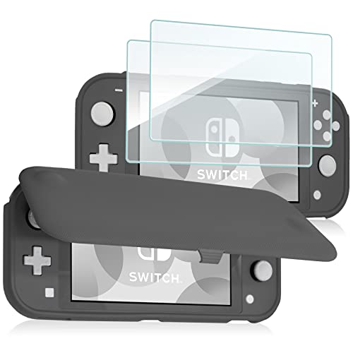 ProCase Flip Cover for Nintendo Switch Lite with 2 Pack Tempered Glass Screen Protectors, Slim Protective Case with Magnetically Detachable Front Cover for Nintendo Switch Lite 2019 -Grey