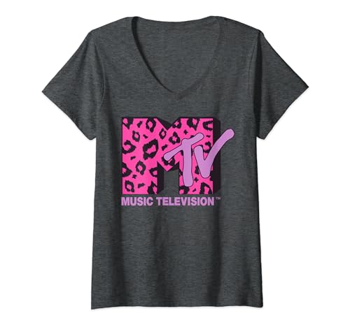 Womens MTV Logo Pink Leopard Print V-Neck T-Shirt