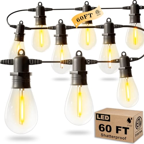 Jerritte 60FT LED Outdoor String Lights with 16+1 Edison Shatterproof IP65 Waterproof Bulbs, 2700K Dimmable Commercial Grade Patio Lights, Heavy Duty Outside Hanging Lights for Garden Porch Deck Decor