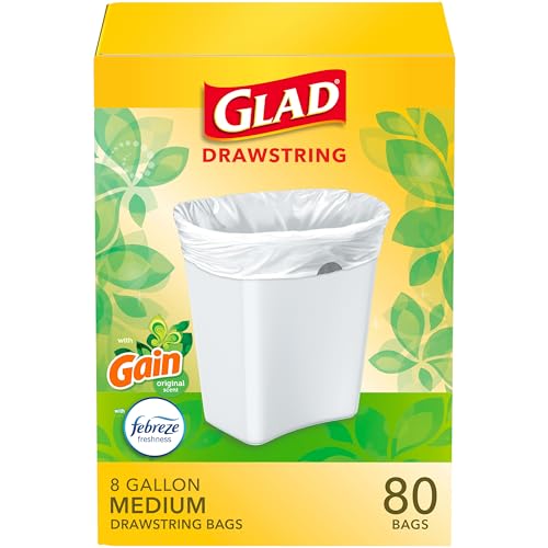 Glad Medium Kitchen Drawstring Trash Bags 8 Gallon White Trash Bag, Gain Original Scent, 80 Count