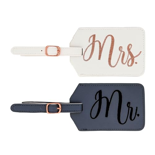 Miamica Mrs. & Mr. Luggage Tags – Set of 2 Faux Leather Suitcase Tags with Sturdy Buckle Straps – 6.85' x 3' Each – Cute Honeymoon, Bachelorette, Engagement Gifts