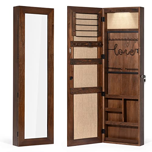 SRIWATANA Jewelry Organizer, Wall/Door Mounted Jewelry Armoire Cabinet with Mirror, Solid Wood(Dark Brown)