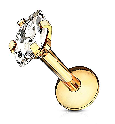 Forbidden Body Jewelry Tragus Earring, Labret Jewelry 16g, Tragus Piercing Jewelry Surgical Steel, Internally Threaded Surgical Steel Marquise CZ Labret Stud (Gold 6MM)