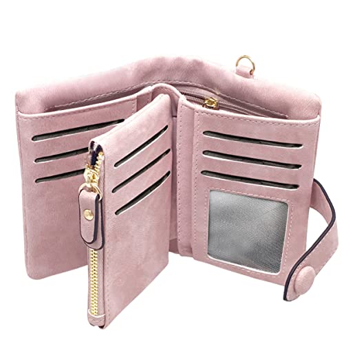 TOPKULL Bifold Small Rfid Soft Leather Ladies Trifold Wallets Billfolds Mini Wristlet Clutch Cute Zipper Coin Purse with Wrist Strap (Pink)