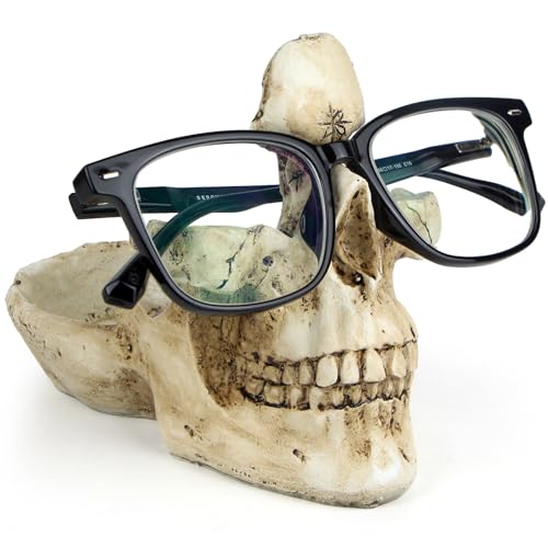 Mrlikale Skull Glasses Stand Holder, Creative Eyeglasses Holder, Sunglasses Spectacle Display Rack, Key Holder Resin Sculptures for Entryway, Home, Office, Desk, Nightstand (White)