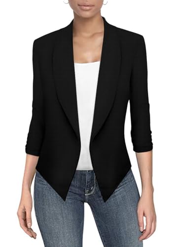 Hybrid & Company Lightweight Open Front Cardigan Classic Ruched Sleeve Work Office Blazer Suit Jackets JK1133 Black Medium