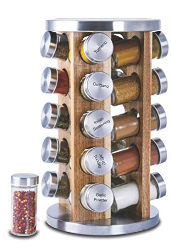 Orii 20 Jar Spice Rack with Spices Included - Tower Organizer for Kitchen Spices and Seasonings, Free Spice Refills for 5 Years (Natural Acacia Wood)