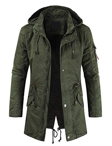 chouyatou Men's Spring Military Full-Zip Removable Hooded Cotton Mid-Long Parka Jacket Coat (Medium, Army Green)