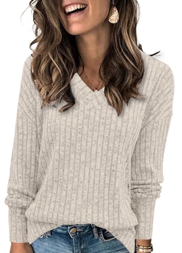 Heymiss Womens Sweaters Fall 2023 Long Sleeve Shirts Lightweight Sweater Apricot L