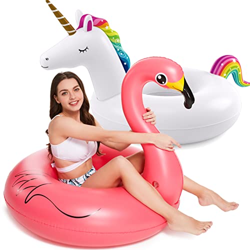 Inflatable Unicorn Flamingo Pool Floats - Jasonwell 2 Pack Pool Floaties Inflatables Rafts for Swimming Pool Tubes for Floating Lake Beach Floaty Swim Rings Pool Party Toys for Adults Kids