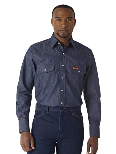 FR Flame Resistant Western Long Sleeve Two Pocket Snap Shirt, denim, Large