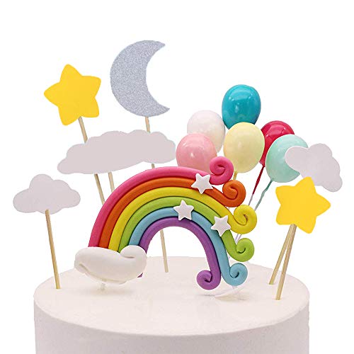 Palksky Colorful Rainbow Cake Topper/Wedding Cake Flags/Cupcake Picks Set -Include Cloud Balloon Moon Stars/Boy Girl Kid Birthday Baby Shower Party Baking Decoration Supplies