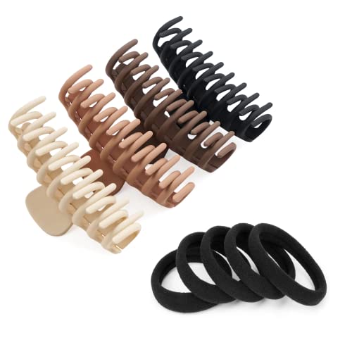 Ajju Korean Matte Large Claw Hair Clips for Women, All Hair Types, Non-Slip Grip, Big Jaw and Strong Hold 4 Pack with Bonus Pack of 4 Hair Ties (Beige, Khaki, Coffee, Black)