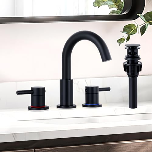 KZH Matte Black Bathroom Faucet 3 Hole, 8 inch Widespread Bathroom Faucet with Pop Up Drain, Bathroom Sink Faucet with 360° Swivel Spout, 2 Handle Vanity Faucet with Water Supply Hoses