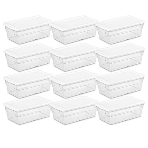 Sterilite 6 Qt Storage Box, Stackable Bin with Lid, Plastic Container to Organize Shoes and Crafts on Closet Shelves, Clear with White Lid, (Pack of 12).