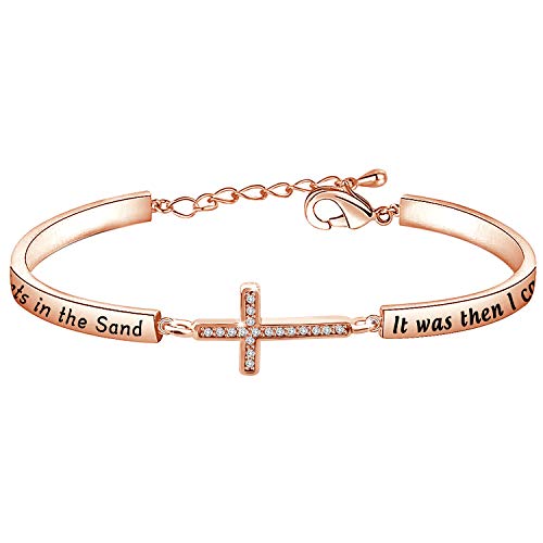 KUIYAI Footprints in The Sand Prayer Cross Bracelet Beautiful Poems Quote When You Saw Only One Set of Footprints It was Then That I Carried You Religious Jewelry Christian Gift (Rose Gold Bracelet)