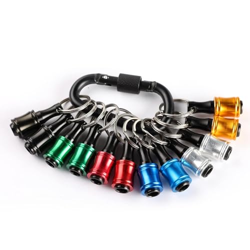 12pc Portable Bit holder Keychain, 1/4in Hex Shank Screwdriver Bit Clip for Impact Driver Flexible Drill Bit Extension Nut Driver W/Black Carabiner, Quick Release Lightweight Drill Screw Adapter