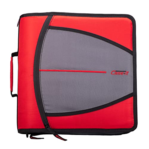 Case-it The Mighty Zip Tab Zipper Binder - 3 Inch O-Rings - 5 Color Tab Expanding File Folder - Multiple Pockets - 600 Sheet Capacity - Comes with Shoulder Strap - Fire Engine Red D-146