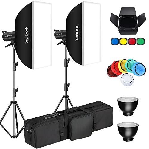 Godox 2 Pack SK400II 800Ws Studio Strobe Flash Monolight Light Bowens Mount Kit for Studio Shooting,Video Location and Portrait Photography with Barn Door kit,Softbox,Light Stand,Soft Cloth,Bag