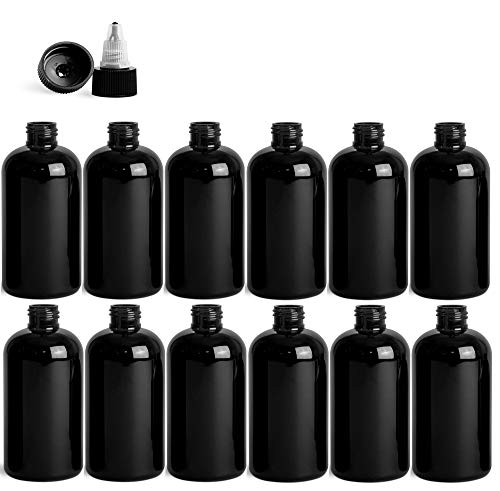 Premium Essential Oil 8 Ounce Boston Round Bottles, PET Plastic Empty Refillable BPA-Free, with Black/Natural Twist Top Caps (Pack of 12) (Black)