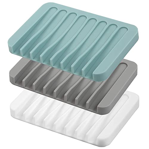 Self Draining Soap Dishes, 3 Pcs Silicone Soap Saver, Waterfall Drainer Soap Holder for Bathroom, Extend Soap Life, Keep Soap Bars Dry Clean & Easy Cleaning (White, Gray, Teal)