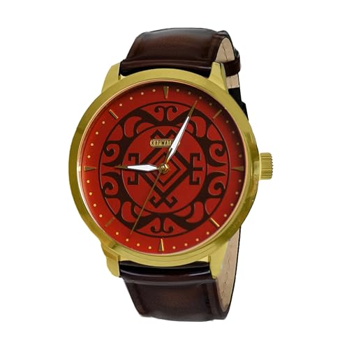 Kapwatch Unity Watch - Maroon Dial Face with Gold Stainless Steel Rim and Genuine Leather Band -Traditional Filipino Inspired Design with Tattoo Style Engraving on the Side | 41mm Diameter | 10.5 mm Band Width | 5ATM Water Resistance | Sapphire Glass | 316L stainless steel | Japan Miyota 2035 Movt.… (Dark Brown Band)
