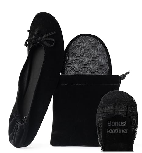 Silky Toes Women’s Velvet Foldable Ballet Flats Portable Travel Shoes (Large, Black)