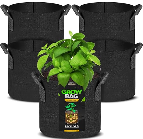 Utopia Home 5 Pack 5 Gallon Grow Bags, Thickened Nonwoven Plant Fabric Pots with Handles, Grow Pots, Plant Bags, Aeration Planting Bags, Fabric Planter Bags for Fruits, Vegetables and Flowers