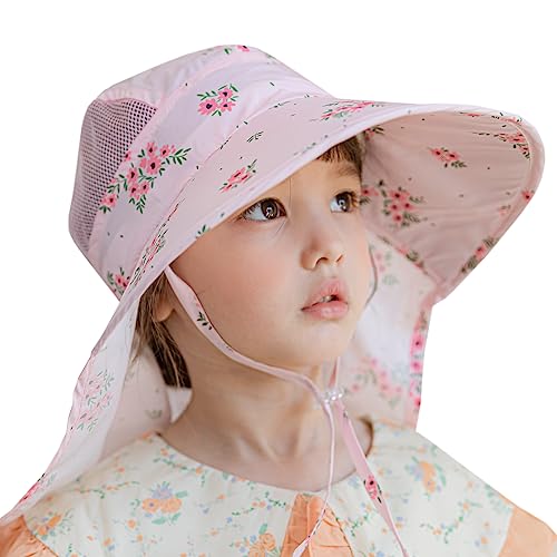 JELLYTREE Baby Sun hat UPF50+ Toddler Girls Kids Summer Gardening Caps Neck Flap Visor Hats, 1-3Y, Flower Pink, S