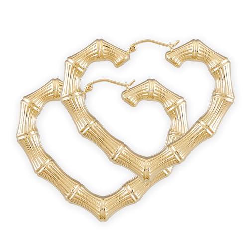 14k Gold Skiny Heart Bamboo Earrings Hollow Doorknocker Shiny Polished Hoops 38 MM, 50 MM, 60 MM, 72 MM. (50 MM)