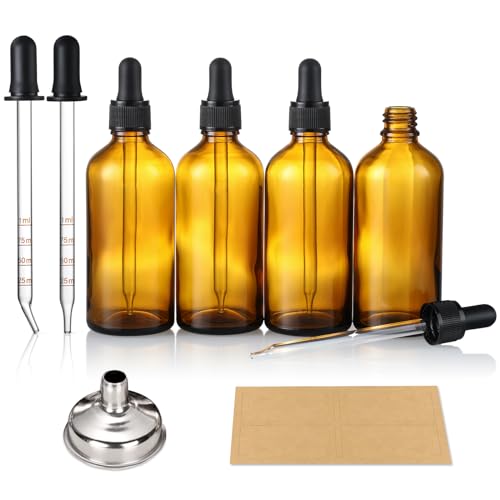 4 Pack, 4oz Glass Amber Dropper Bottles w/ 2 Extra 1mL Calibrated Glass Droppers & 1 Funnel & 4 Labels - 120ml Dark Brown Tincture Bottles w/ Eye Droppers - Leakproof Travel Bottles for Essential Oils