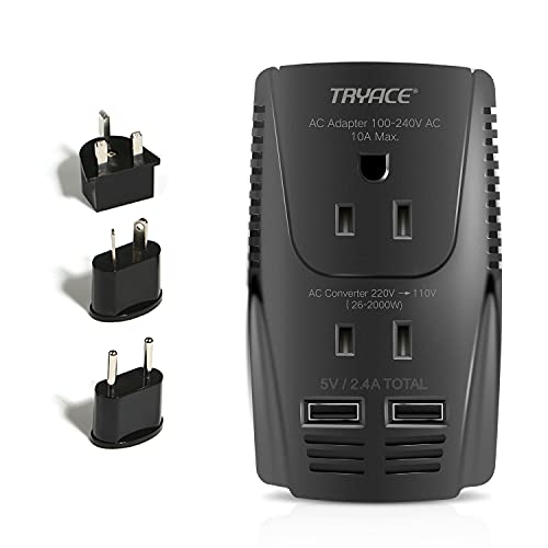 TryAce 2000W Travel Voltage Converter Step Down 220v to 110v Power Converter for Hair Dryer Straightener Curling Iron, 10A Power Adapter with 2 USB Charging EU/UK/AU/US Worldwide Plug for Laptop Phone